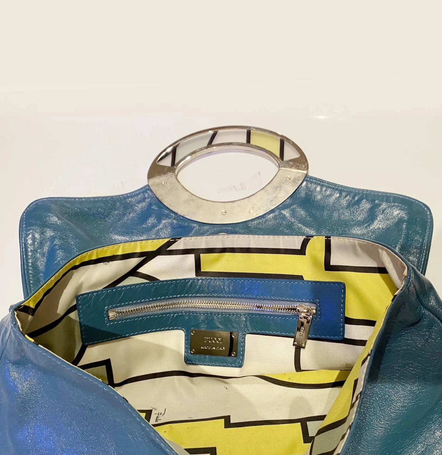 2000s EMILIO PUCCI EMERALD BLUE LARGE LEATHER CLUTCH BAG