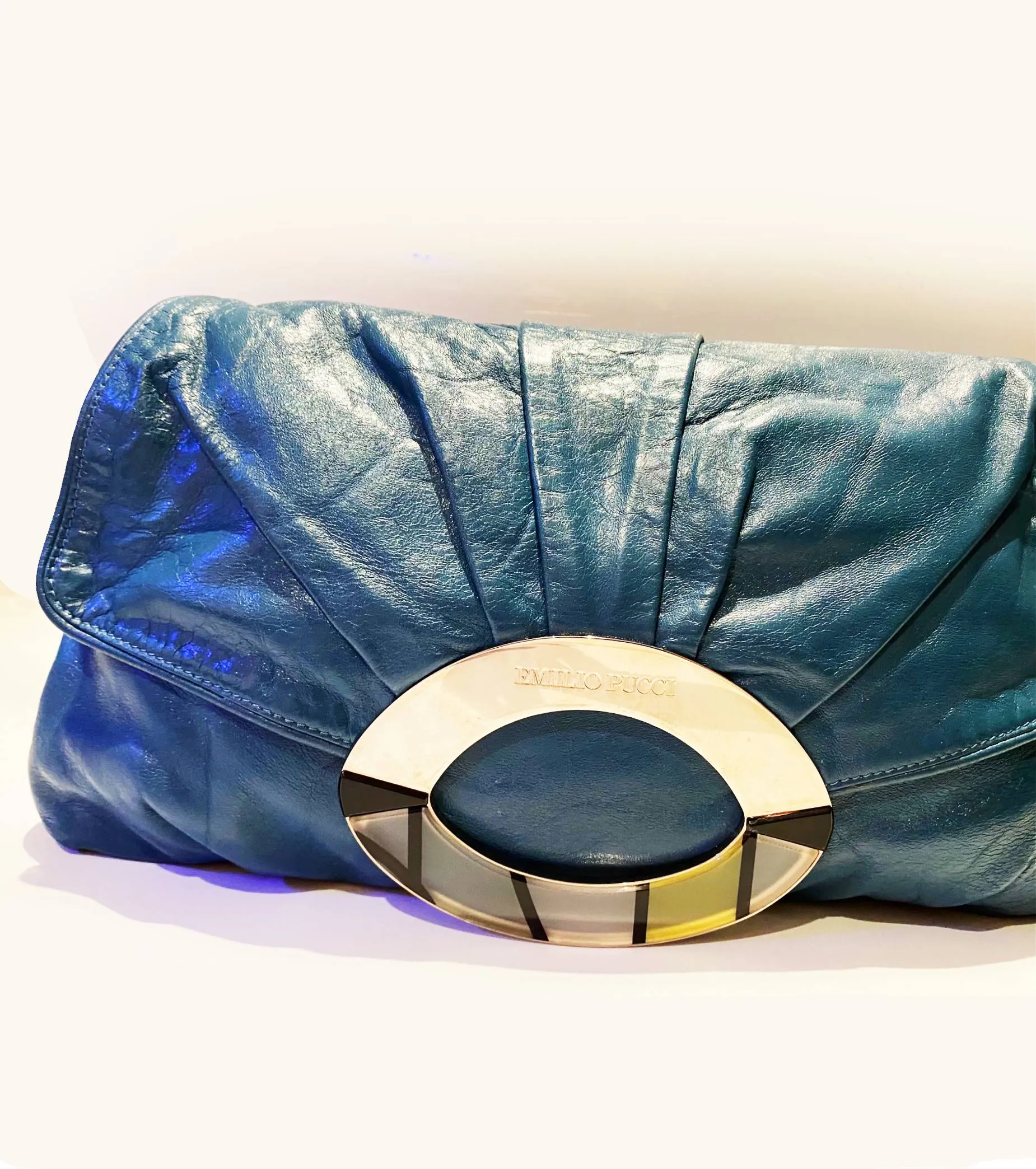 2000s EMILIO PUCCI EMERALD BLUE LARGE LEATHER CLUTCH BAG