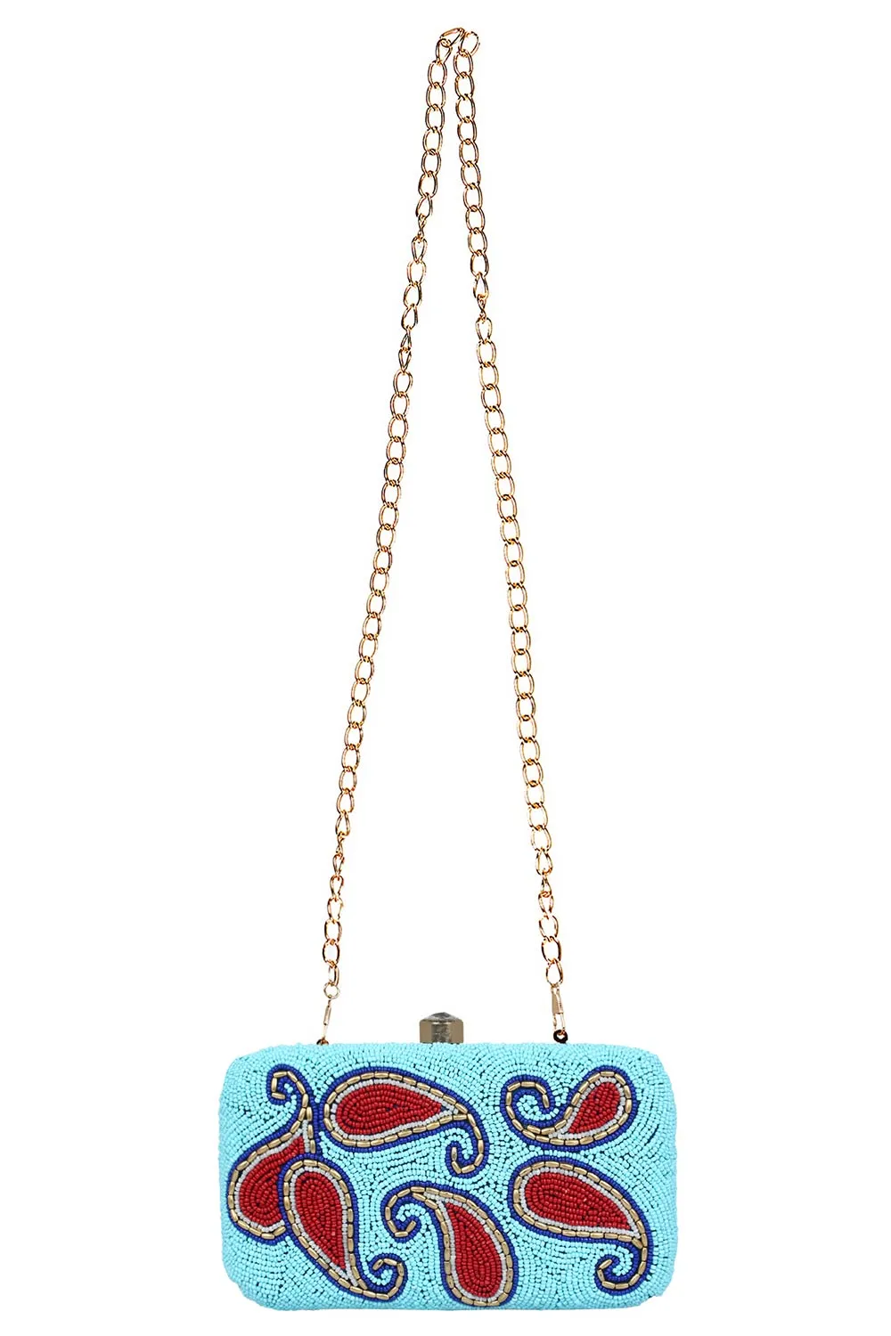 Adorn Embellished Faux Silk Clutch Sky Blue & Red