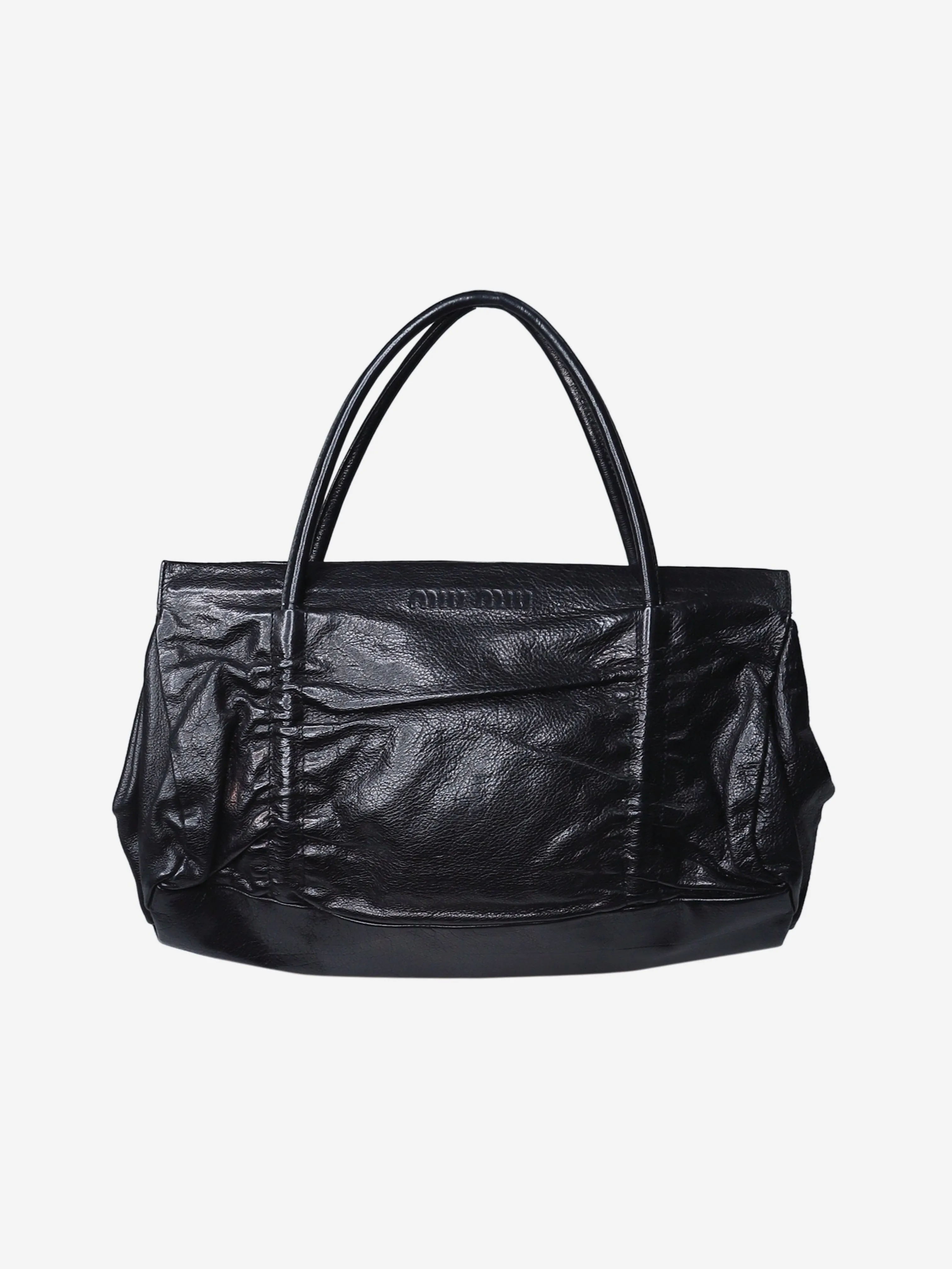 Black leather top handle bag
