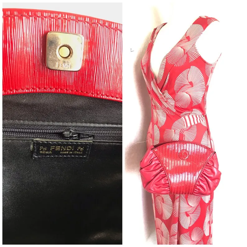 FENDI 80's vintage red patent enamel and nappa leather oval round shape shoulder purse