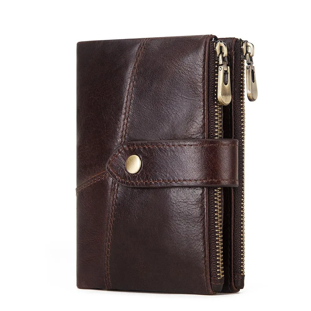 First Layer Cowhide RFID Leather Double Zipper Coin Men's Wallet